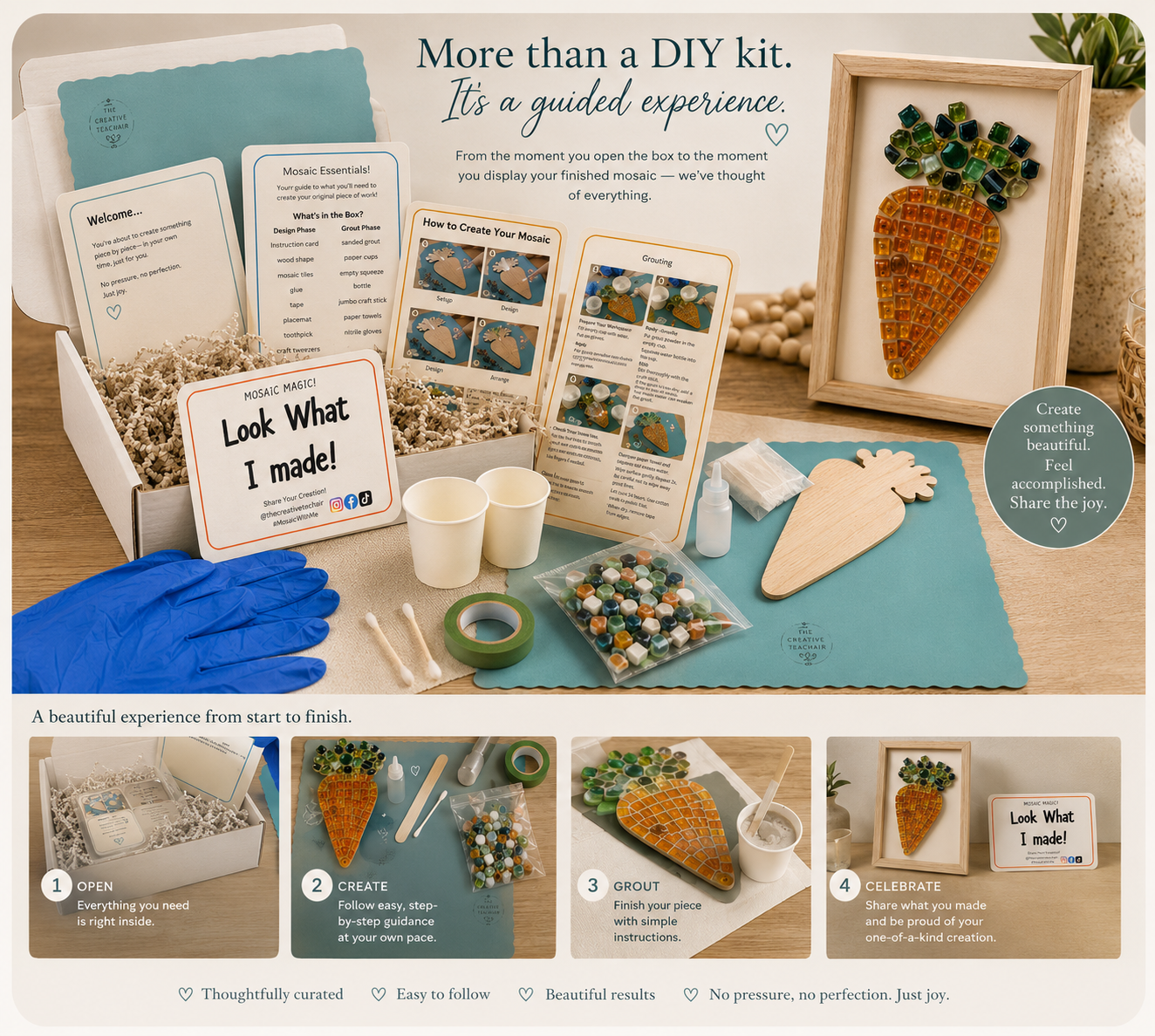 Mosaic DIY kit with colorful tiles and tools on natural wood